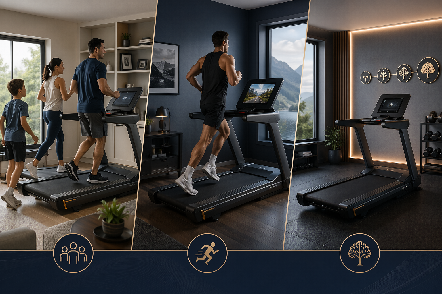 Three home treadmill scenarios showing a multi-user household, a focused runner, and a long-term ownership setup
