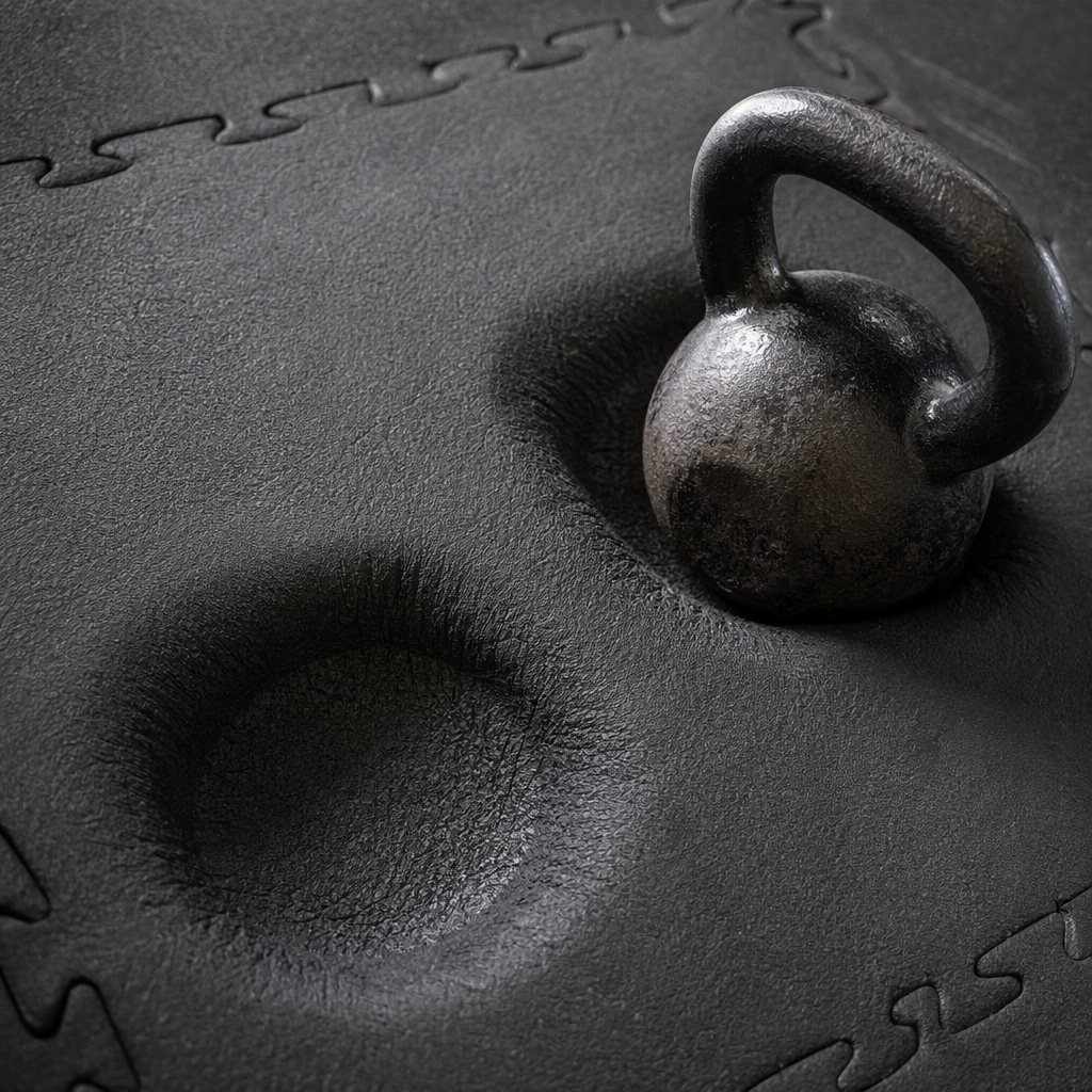 Foam gym tile with deep circular indentations from heavy kettlebells