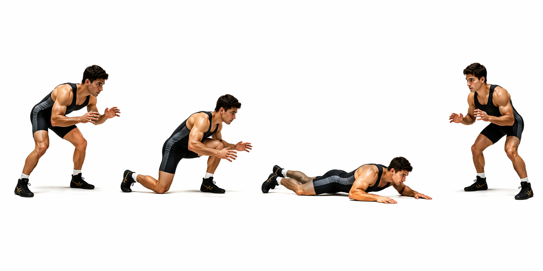 Sequence showing a low stance, penetration step, sprawl, and stand-up drill