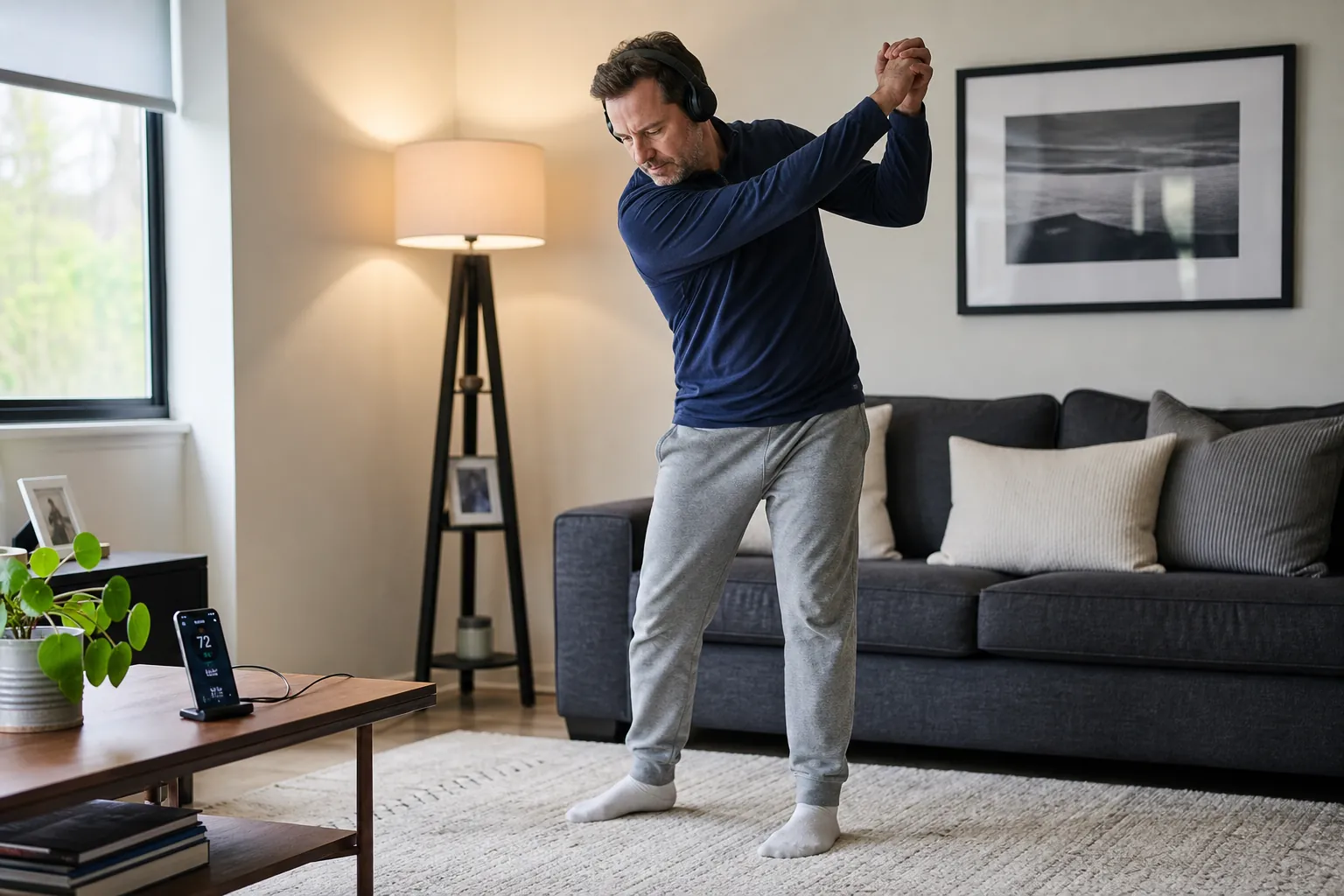Golfer practicing quiet torso-turn tempo drills in a small apartment with headphones and a metronome app