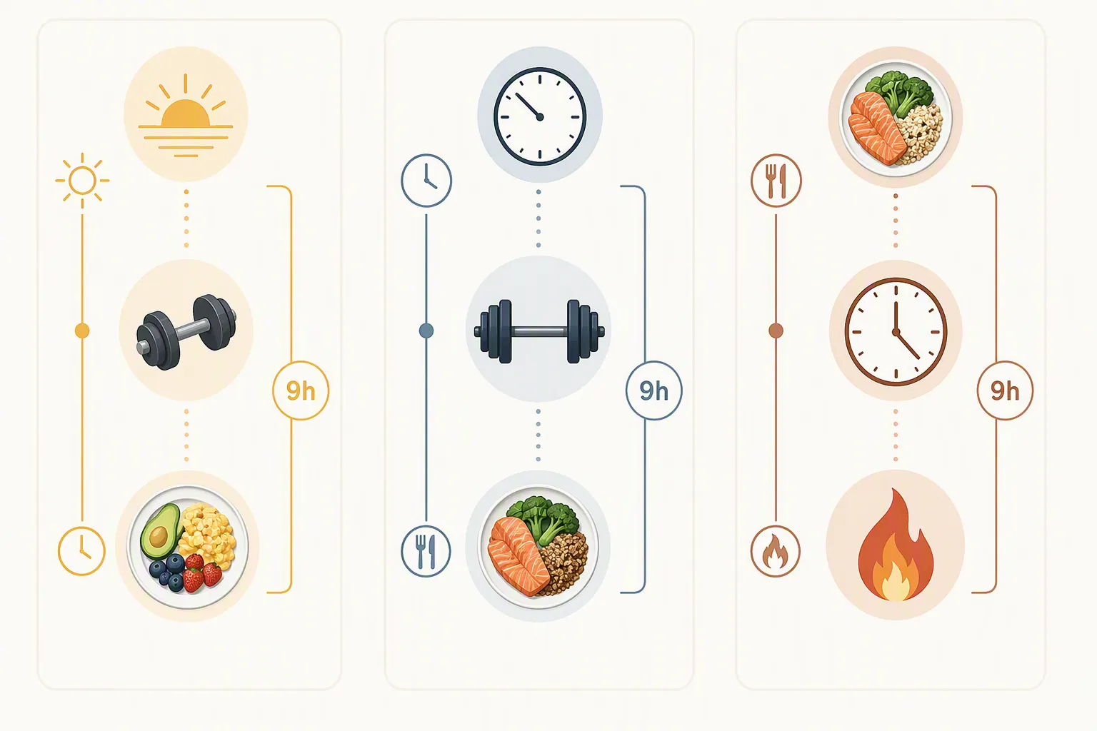 Three-column schedule showing fasted morning training, mid-morning training before a noon meal, and evening training inside a 9-hour eating window