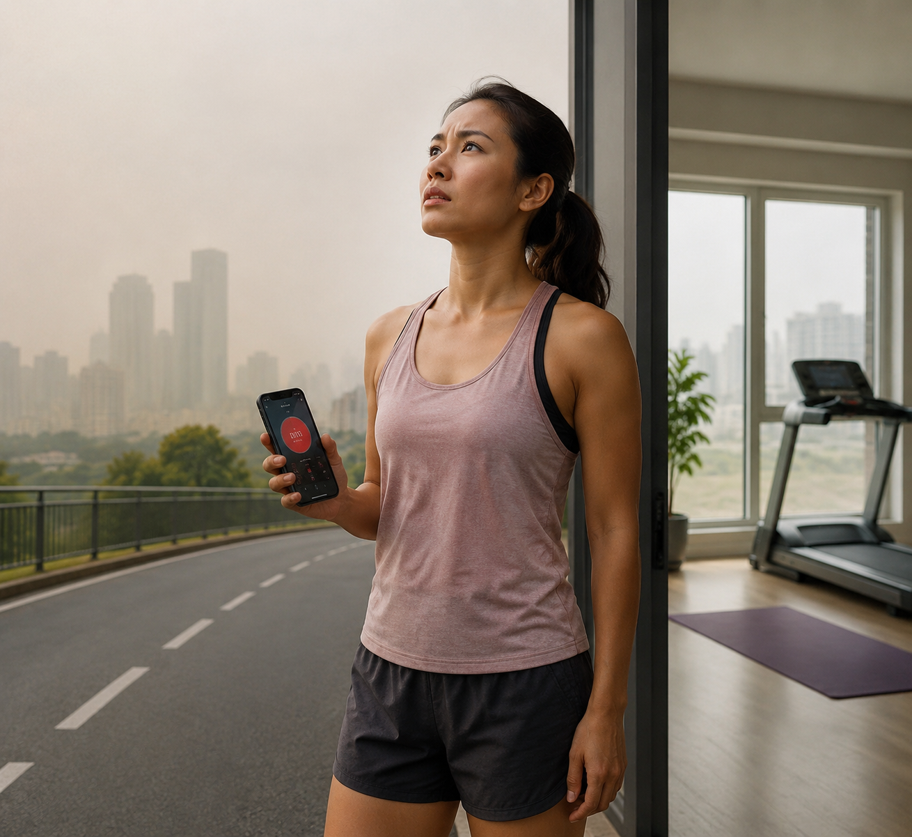 Runner checks an air quality app while choosing between a hazy outdoor route and indoor exercise space