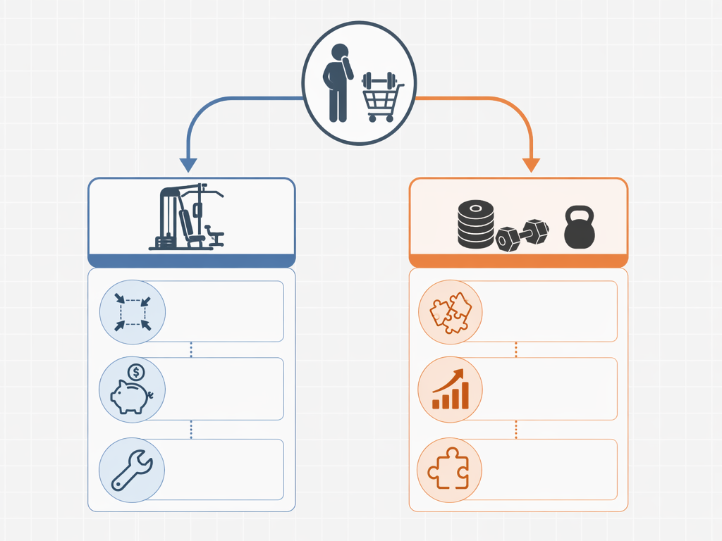 Minimal decision flowchart with a shopper icon at top branching into two paths — left path with icons representing compact footprint, lower cost, and simplicity, right path with icons representing upgradability, higher resistance, and modular replacement, in muted blue and orange vector style