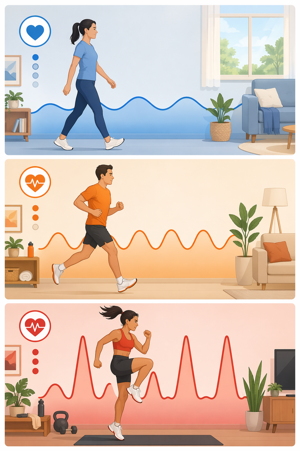 Three-panel illustration of home cardio intensity zones