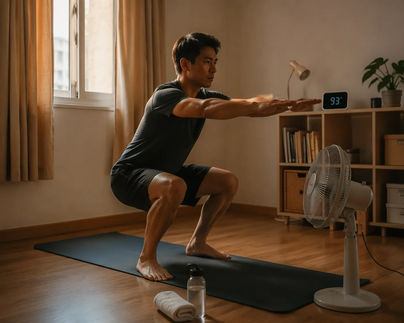 Person doing bodyweight squats in a small warm apartment with a standing fan, thermometer, water bottle, and towel nearby