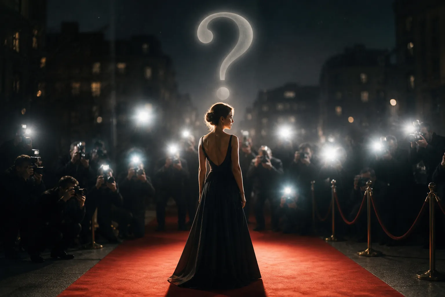 Red-carpet scene with camera flashes and a question mark suggesting a visible transformation without a verified explanation