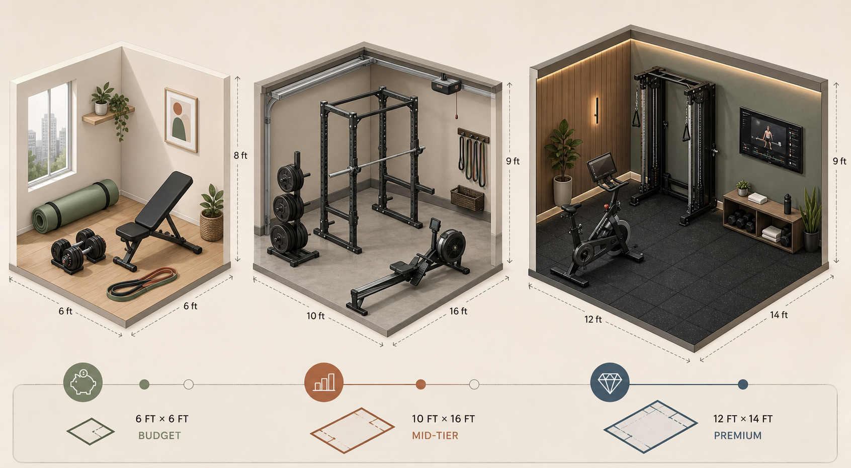 An isometric flat-lay illustration showing three home gym setups side by side: a minimalist apartment corner with dumbbells, yoga mat, and resistance bands; a mid-size garage setup with a power rack, barbell, weight plates, and rowing machine; and a premium room with a functional trainer, rubber flooring, stationary bike, and wall-mounted screen. Subtle scale indicators connect each tier.