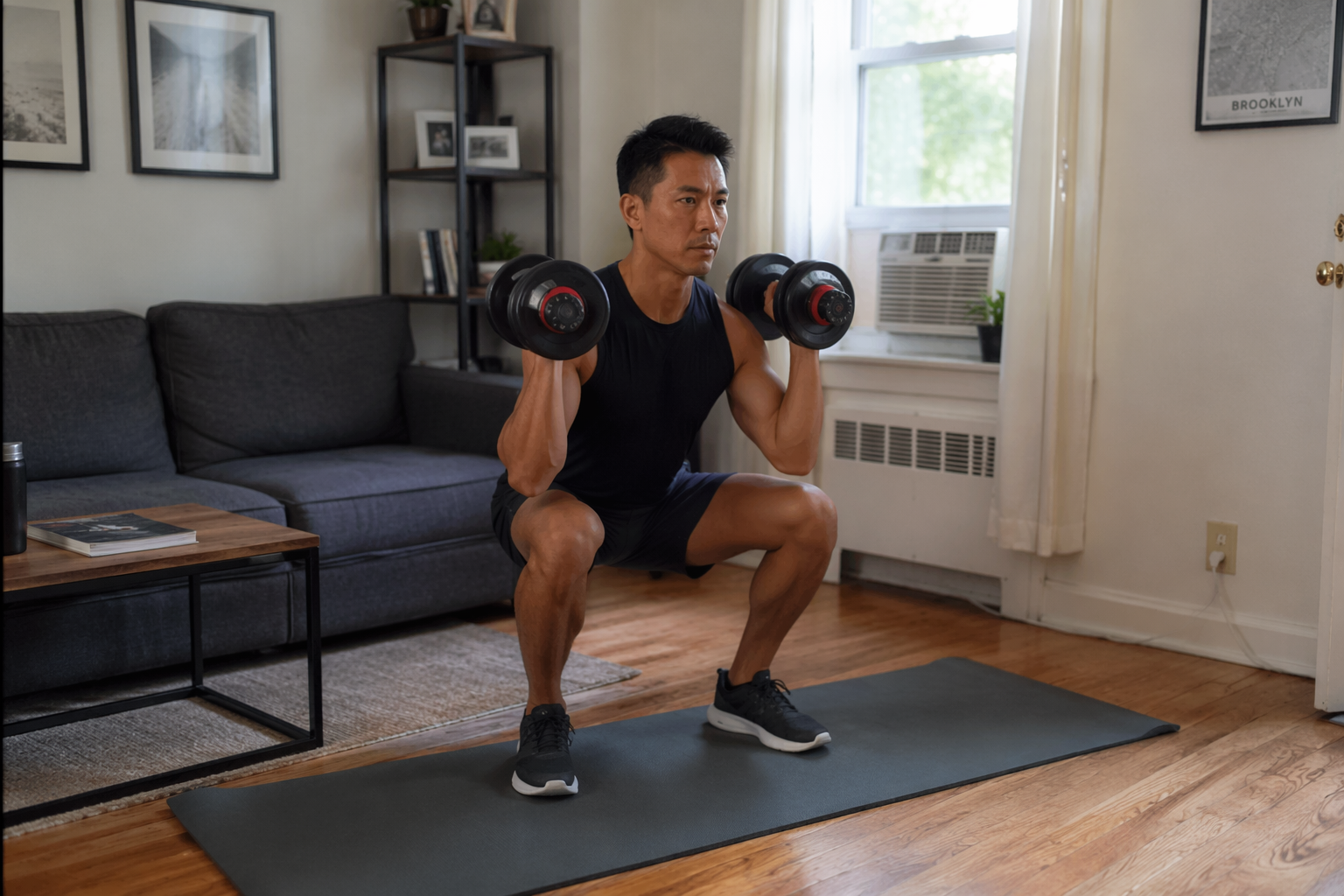 Person training with adjustable dumbbells in a small living room