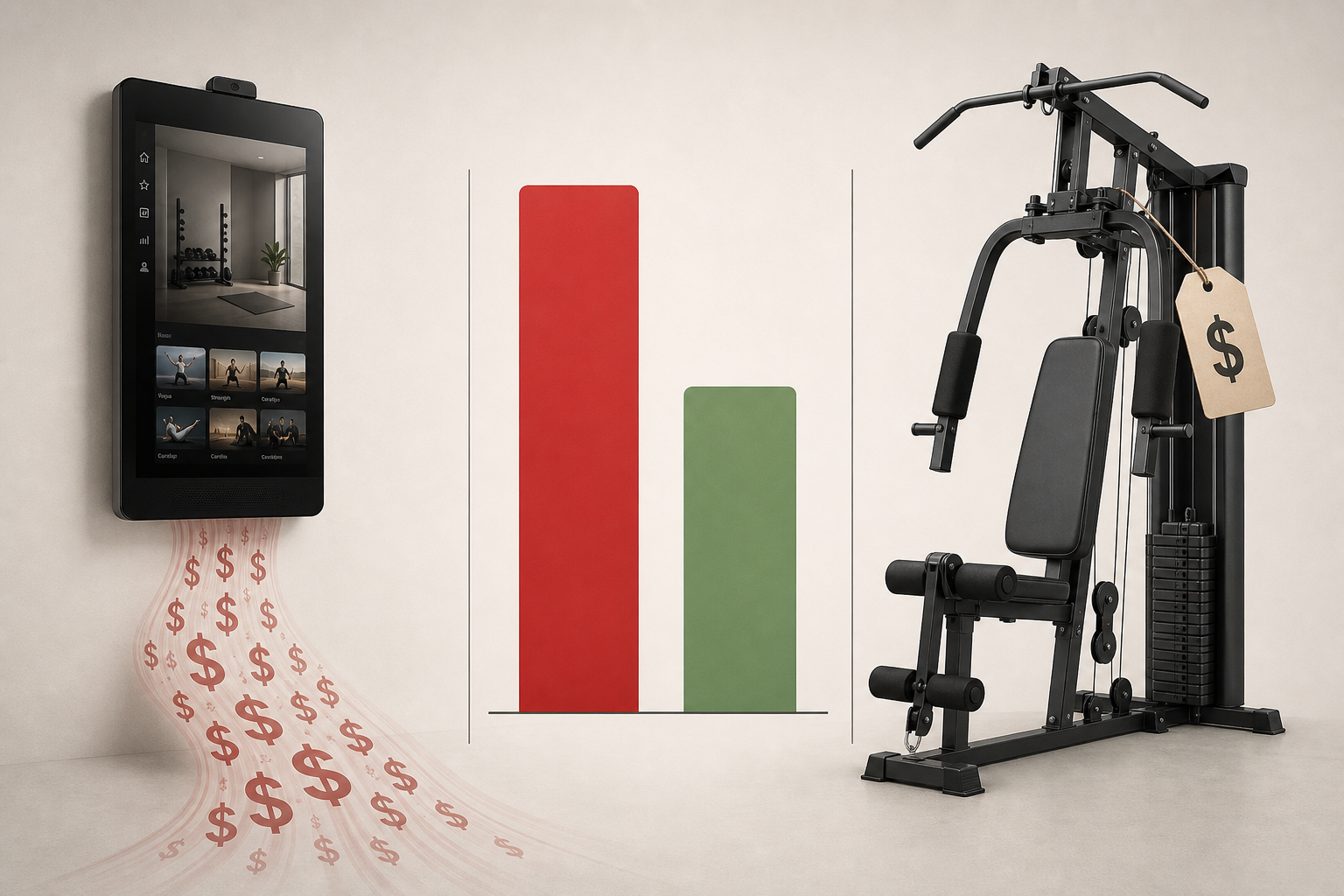 Editorial cost comparison visual showing a smart home gym device with subscription dollar signs flowing from it on the left, a traditional weight-stack machine with a one-time price tag on the right, and abstract red and green cost bars between them.