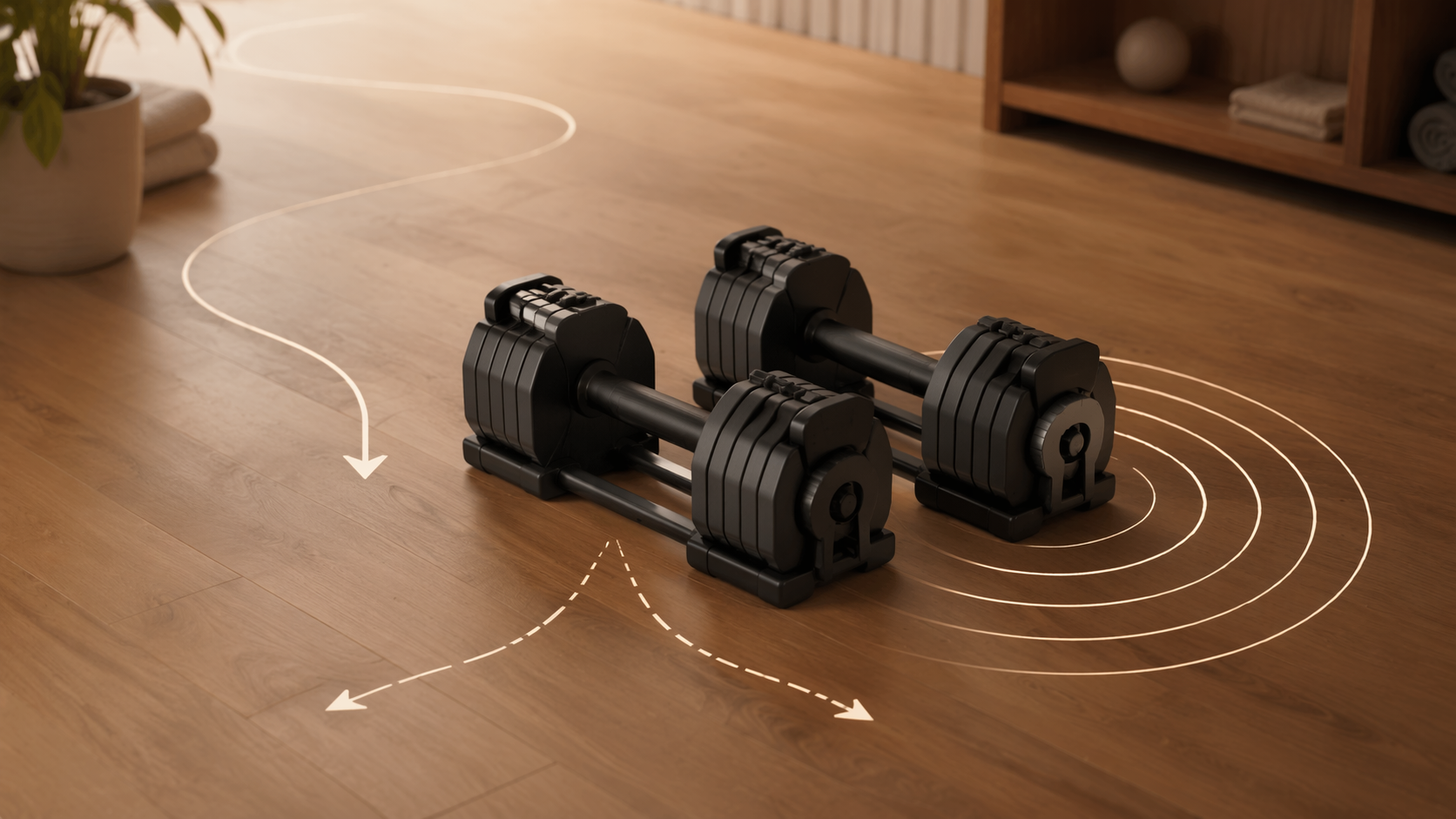 Adjustable dumbbells at their maximum weight setting with visual paths suggesting progression options beyond adding weight