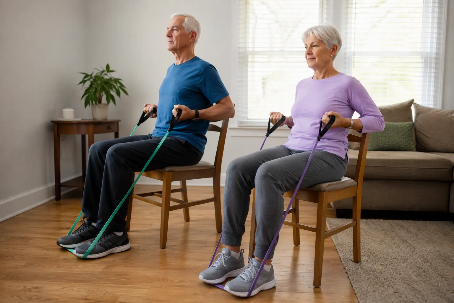 Two older adults performing seated resistance band rows in a bright living room