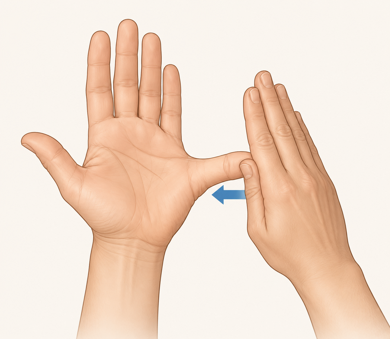 Two hands demonstrating isometric thumb abduction with the thumb pressing sideways against opposite-hand resistance