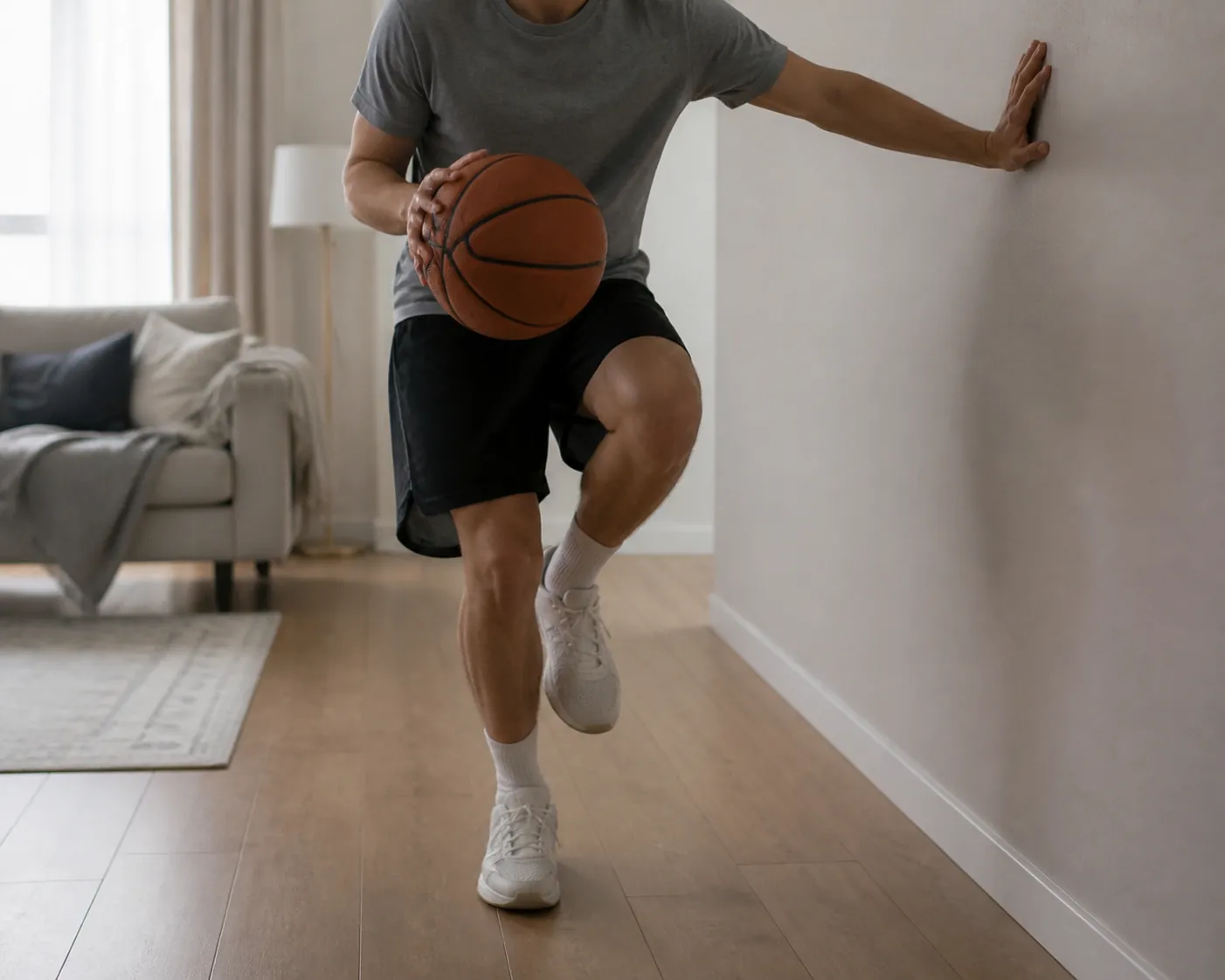 Person in an apartment holding a basketball on one leg while bracing against a wall for balance