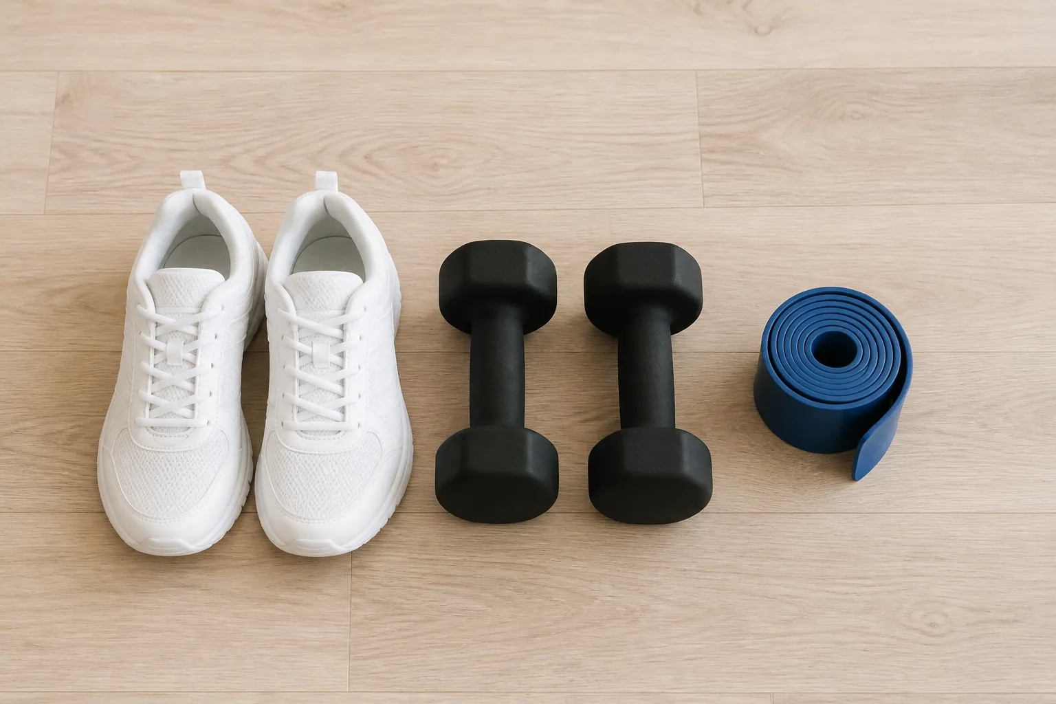 Walking sneakers, dumbbells, and a resistance band arranged on a wooden floor for a simple no-gym home routine
