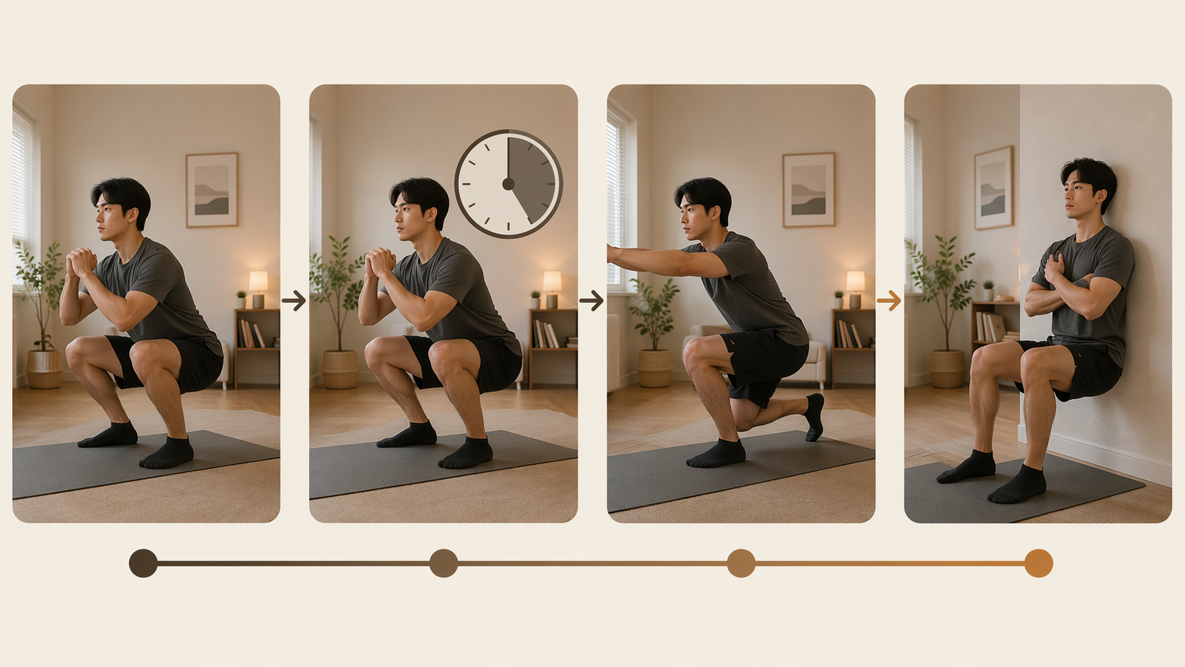 Four-stage quiet strength progression from baseline squat to tempo squat to unilateral squat to isometric hold