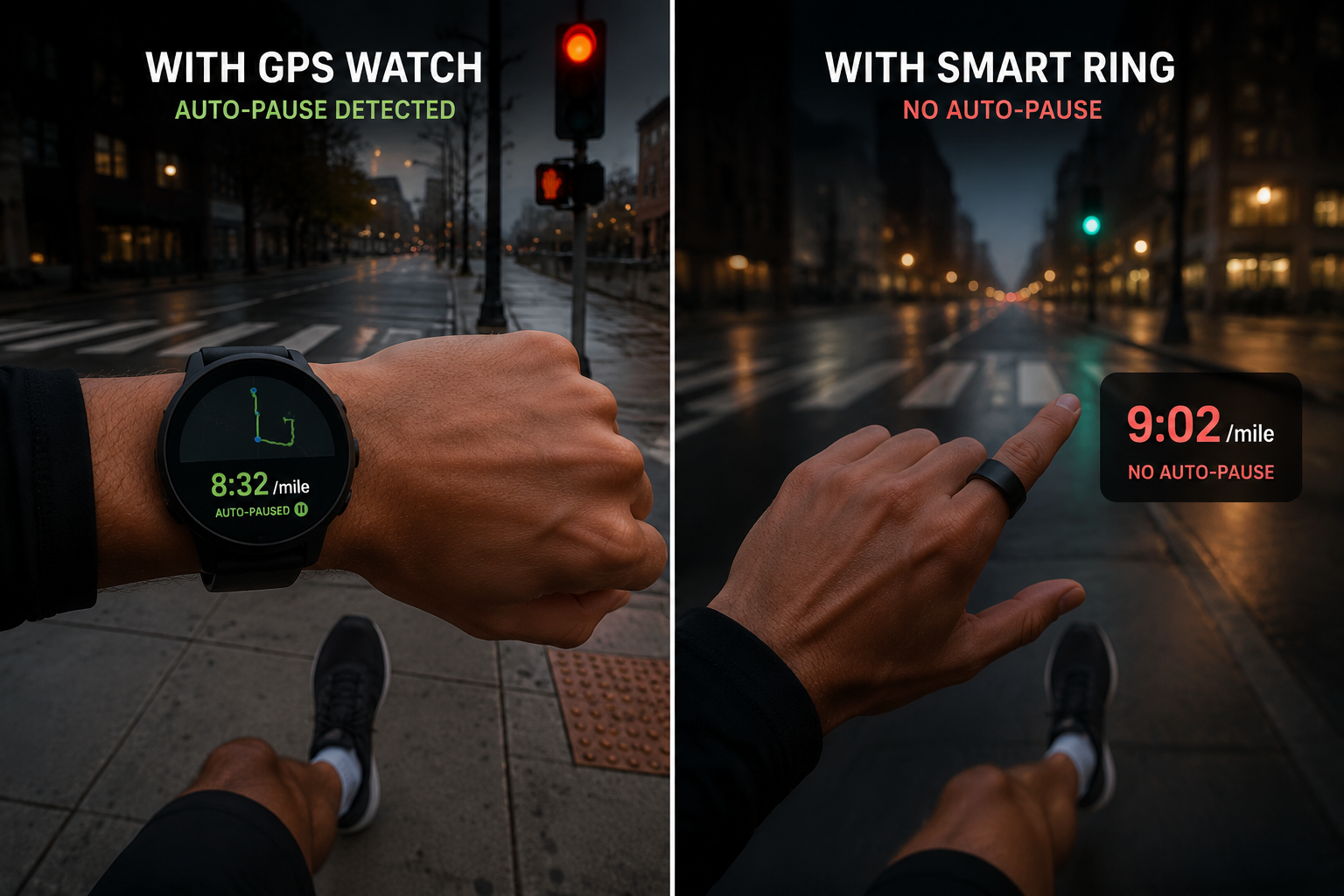 Runner comparing a fitness watch pace display with a smart ring pace result near a traffic light