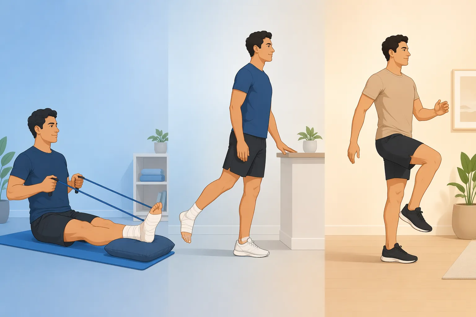 Three-panel illustration of non-weight-bearing, supported standing, and return-to-activity foot injury recovery phases