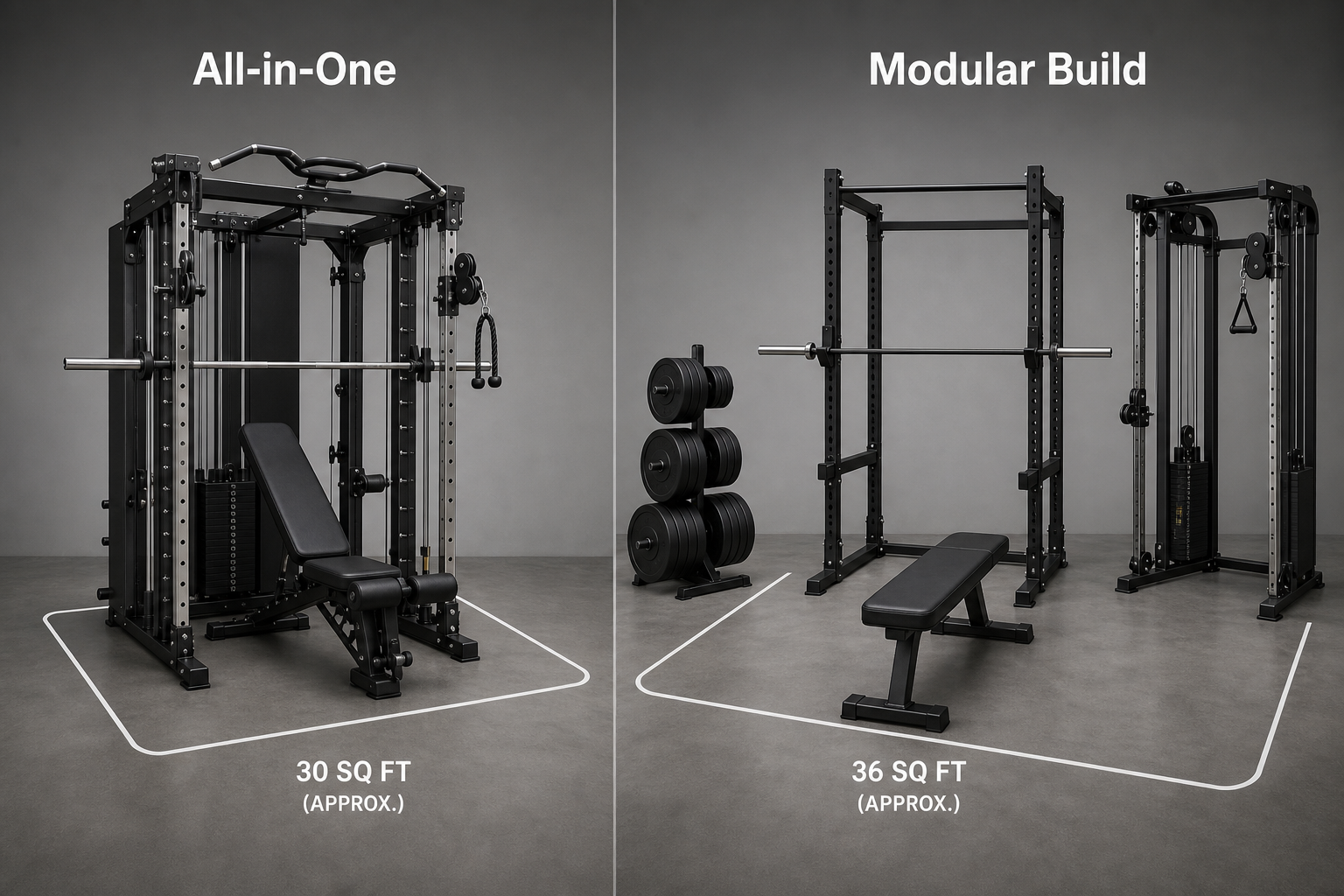 Split comparison scene on a neutral gray studio floor: left side shows a single all-in-one fitness machine with Smith machine rails and cable pulleys inside a compact floor-space outline labeled approximately 30 sq ft; right side shows a power rack with barbell, a separate bench, a cable tower, and Olympic plates on a plate tree inside a larger floor-space outline labeled approximately 36 sq ft.