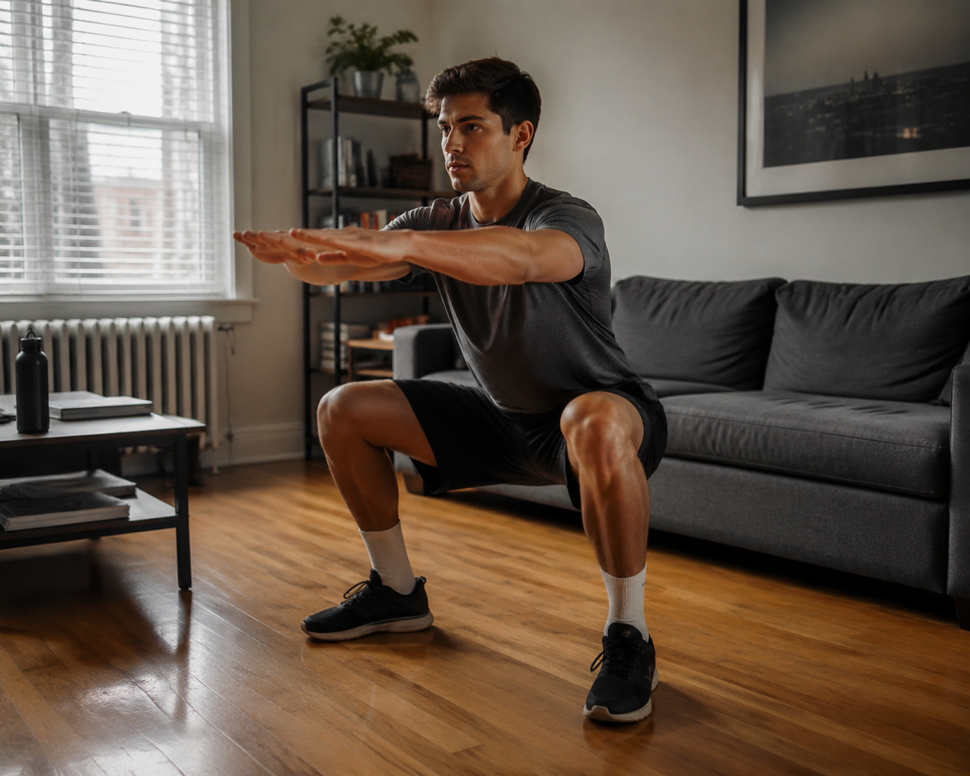 Soccer player doing a bodyweight squat in a small apartment living room with furniture pushed aside