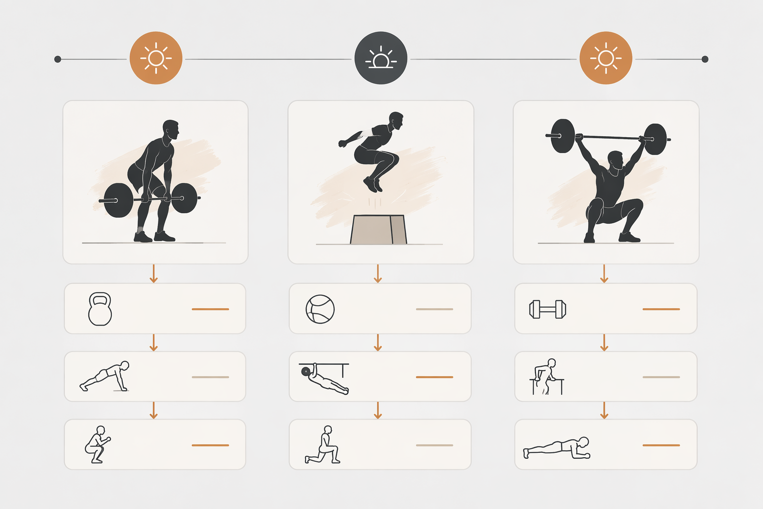 Illustration of three weekly training days with exercise silhouettes and circuit flow arrows