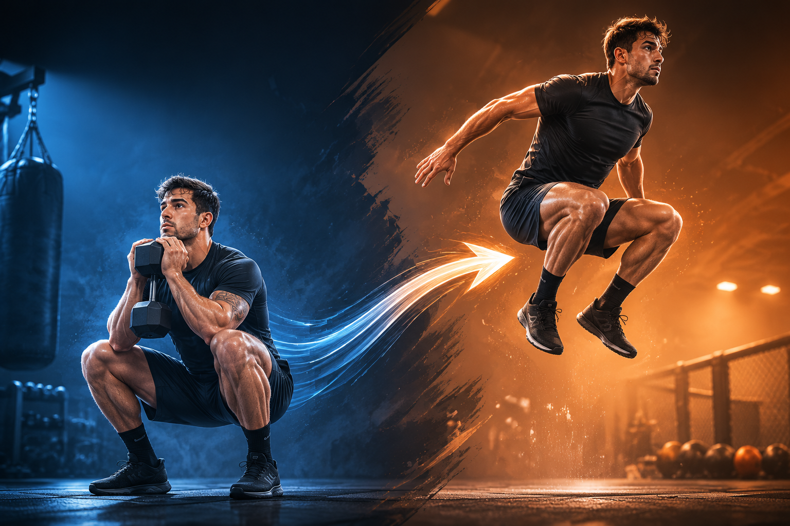 Two-panel contrast training illustration showing a goblet squat followed by a jump squat