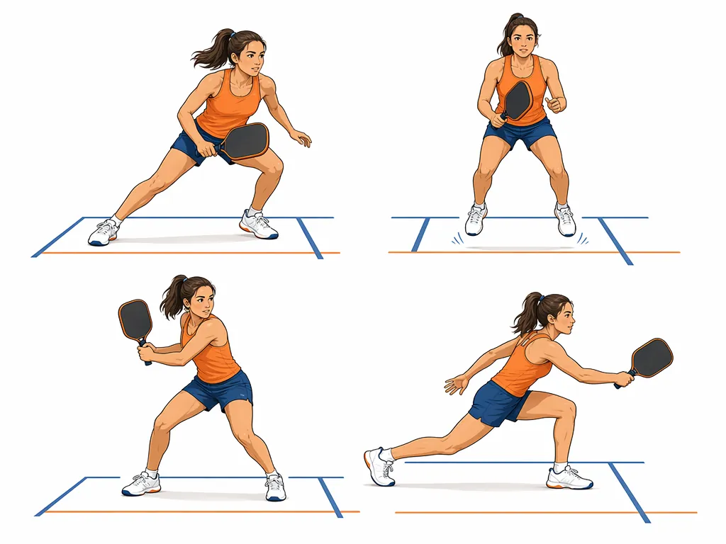 Illustration of four pickleball movement stances: lateral shuffle, split-step landing, torso rotation, and forward lunge