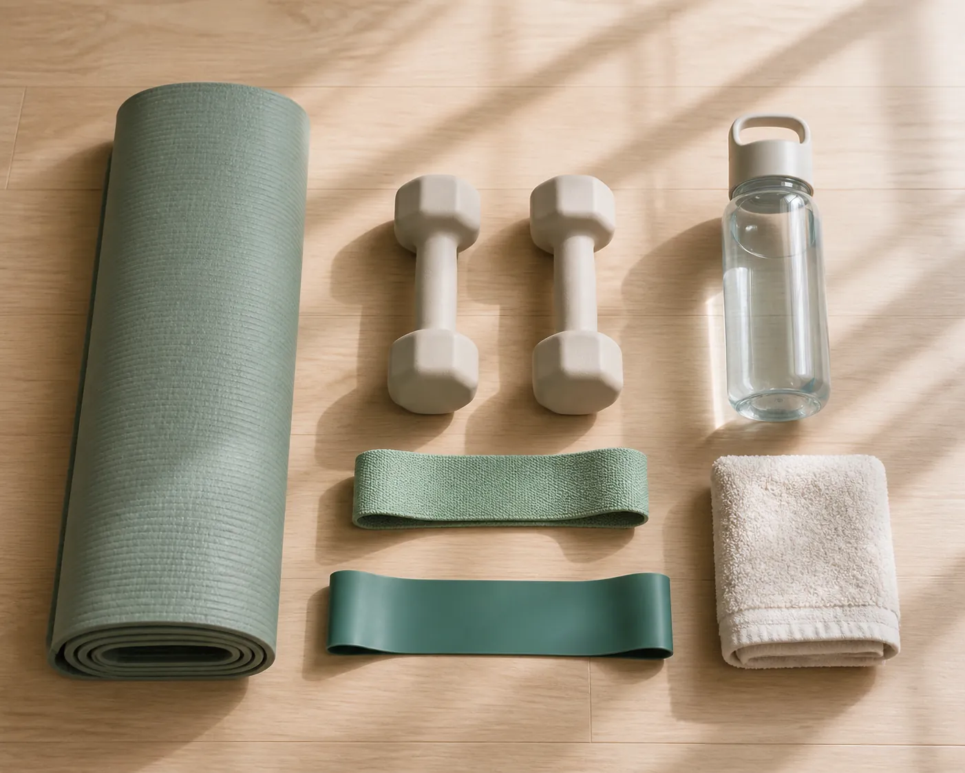 Home workout kit with yoga mat, light dumbbells, resistance bands, water bottle, and towel on a wooden floor