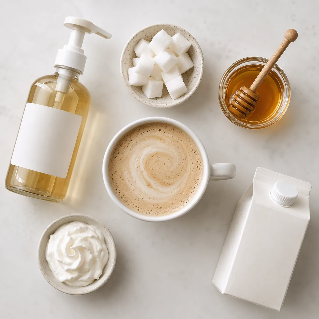 Latte surrounded by syrup, sugar, honey, whipped cream, and half-and-half