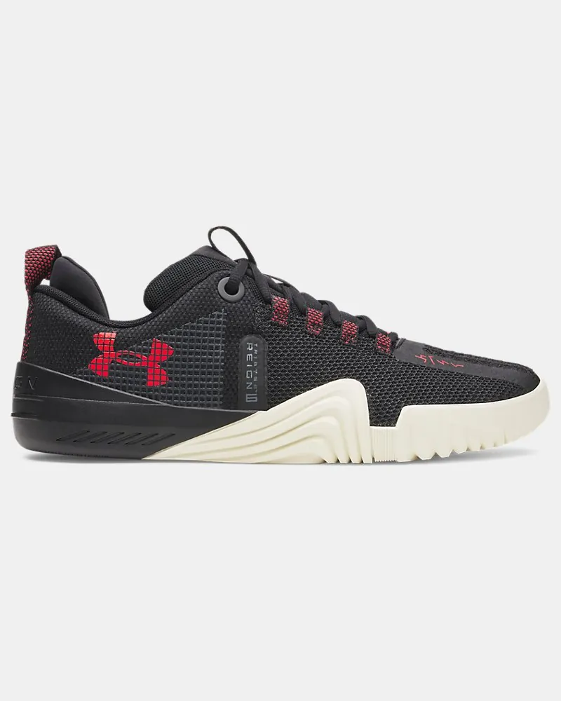 Black Under Armour TriBase Reign 6 training shoe with a low-profile flat sole