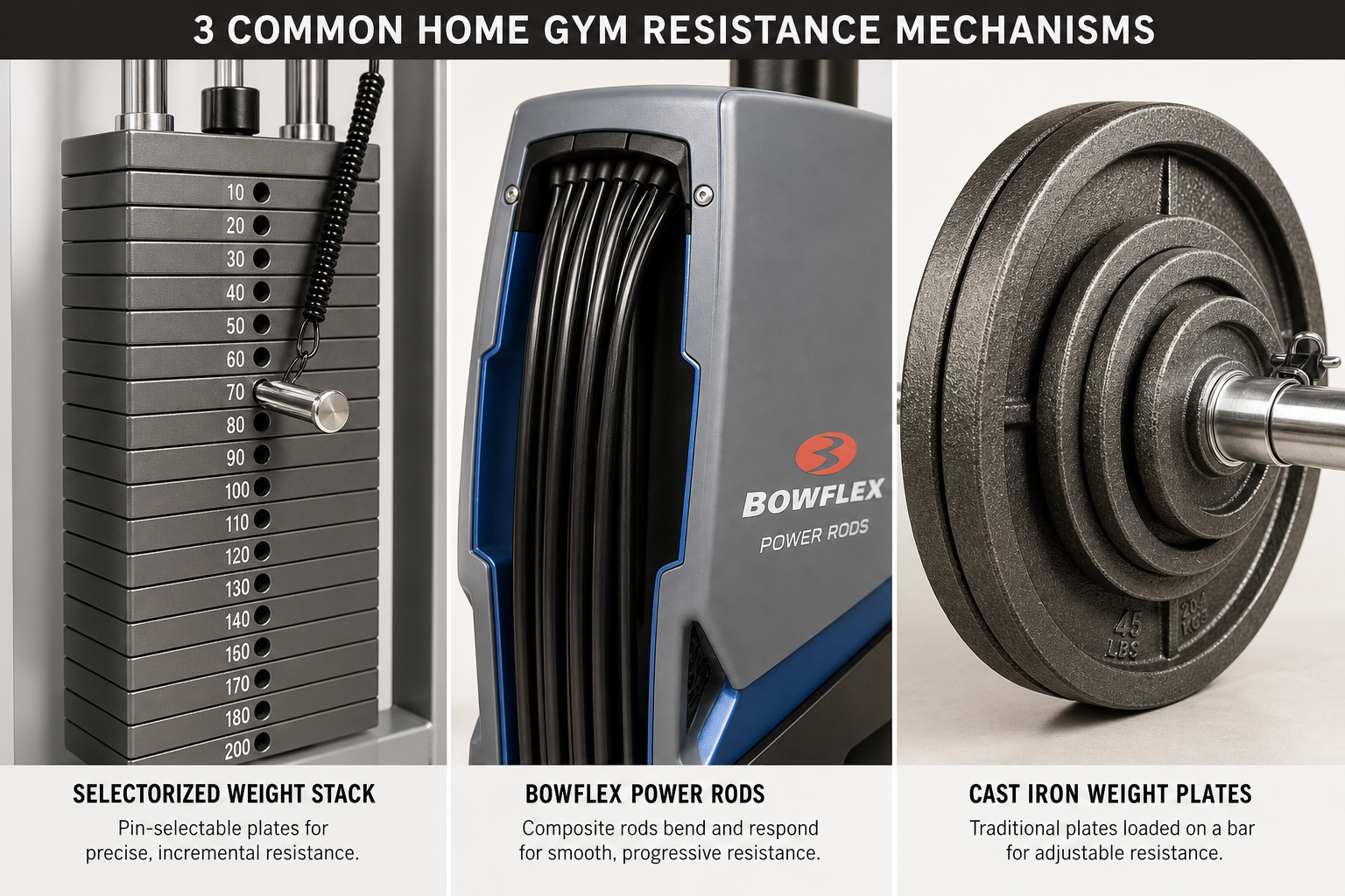 Three resistance mechanisms displayed side by side on a light background: a metal selectorized weight stack with chrome selector pin, Bowflex-style composite Power Rods in a grey and blue housing, and traditional cast iron weight plates stacked on an Olympic barbell sleeve