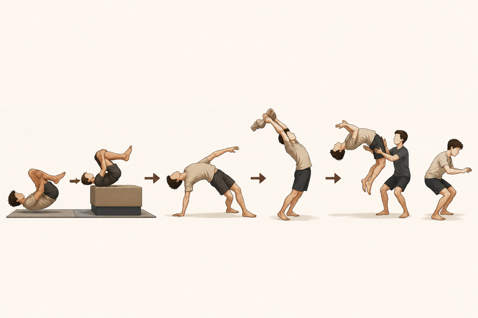 Instructional progression from backward roll to elevated roll, macaco, t-shirt drill, assisted flip, and full backflip landing