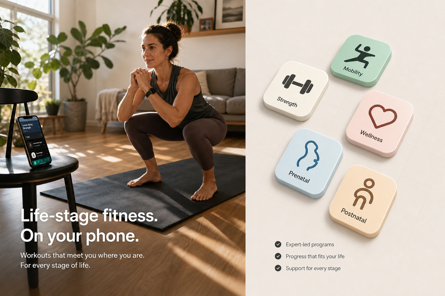Split-screen composition showing a woman doing a bodyweight squat in a sunlit living room with a phone propped on a chair displaying a fitness app interface, alongside a floating isometric grid of app icons.