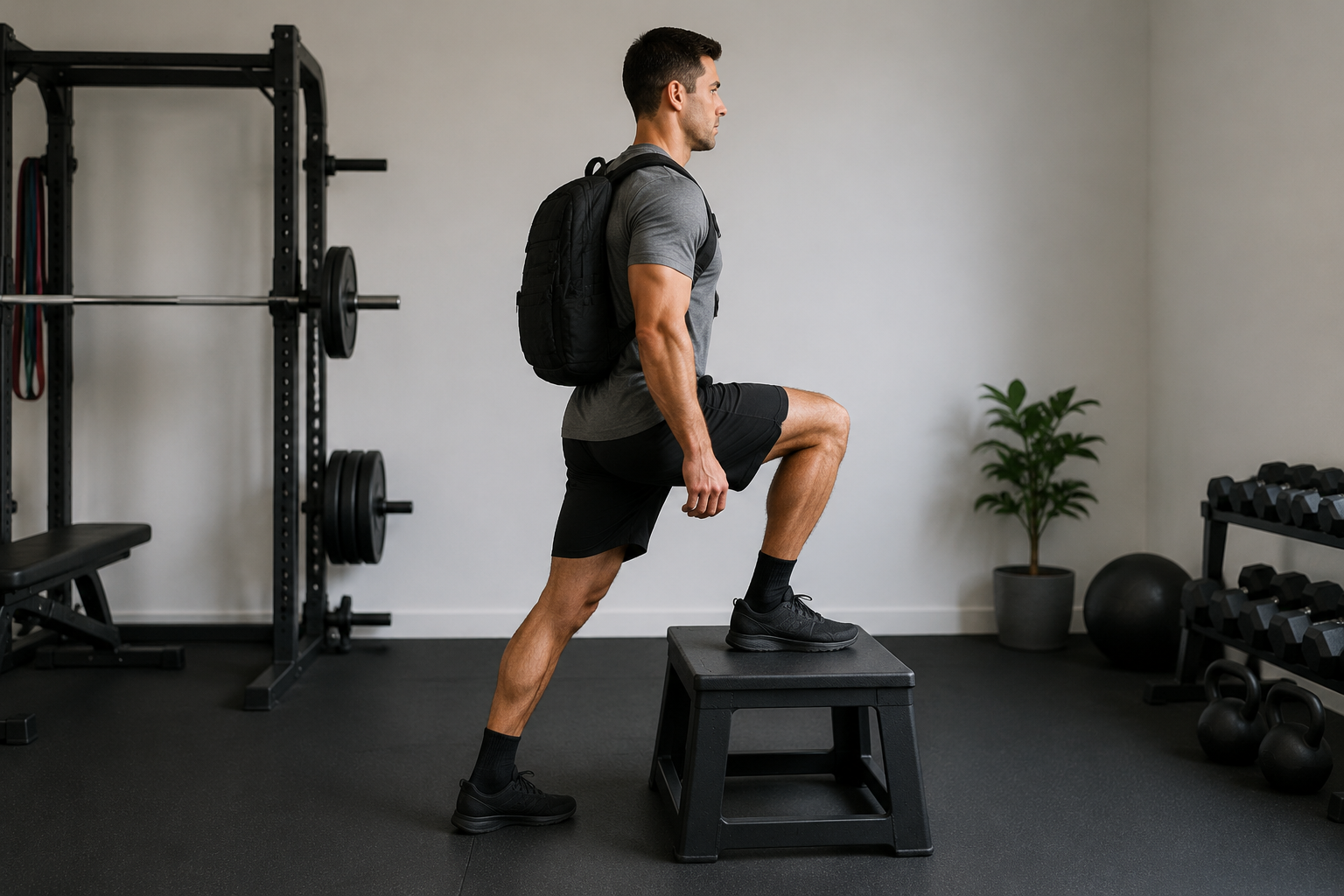 Person performing a controlled eccentric reverse step-up with a weighted backpack