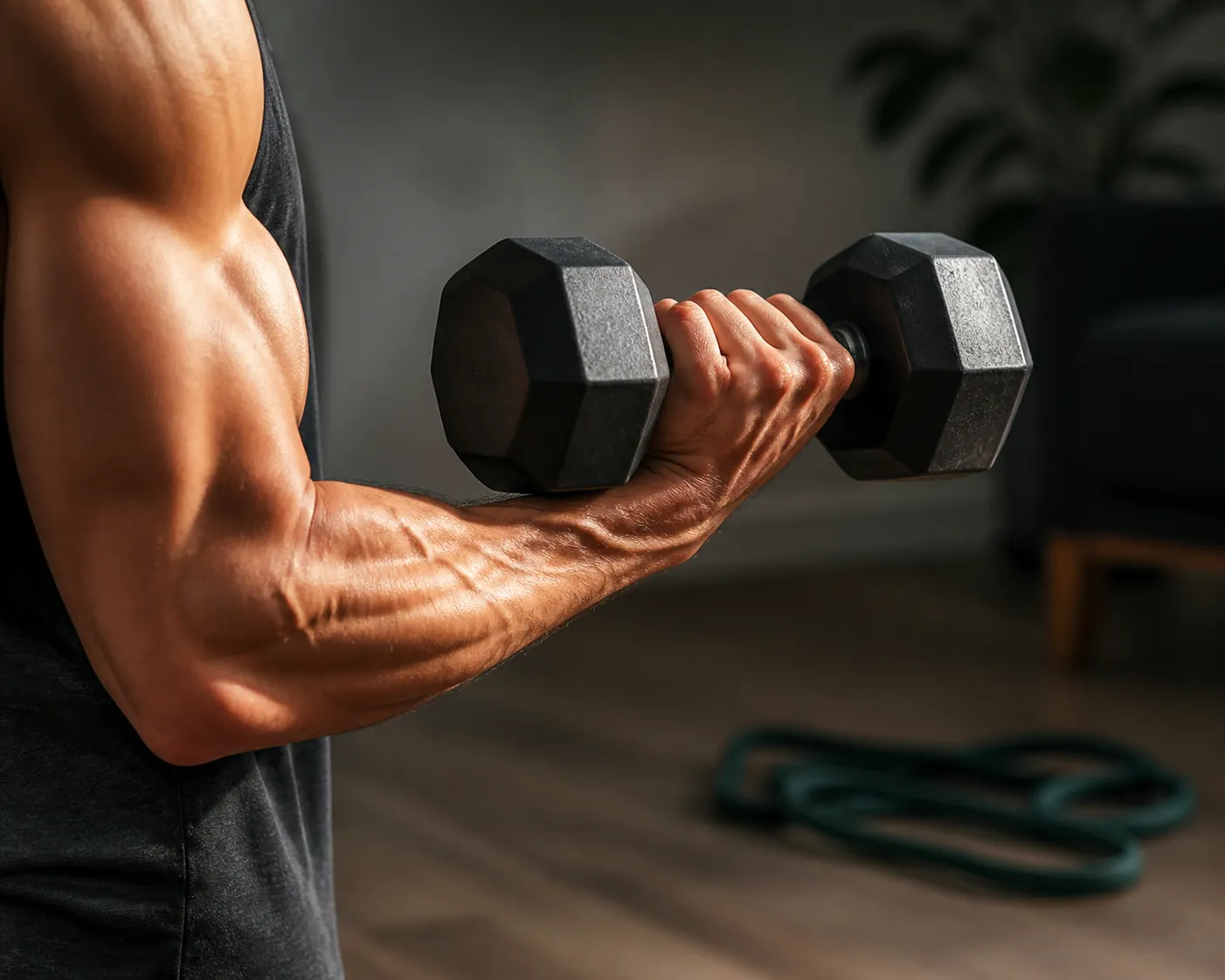 Close-up of a dumbbell held motionless at the midpoint of a curl during a pause rep