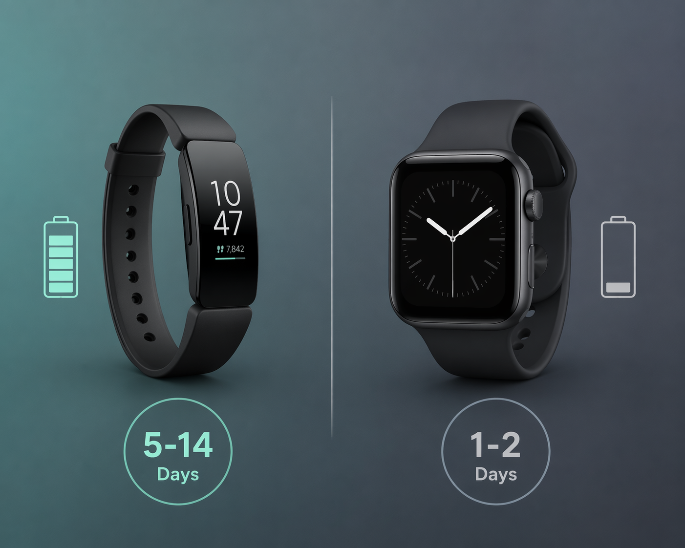Side-by-side comparison of a slim fitness tracker band labeled '5-14 Days' and a smartwatch shape labeled '1-2 Days' with small battery icon outlines, separated by a subtle vertical line on a soft muted teal-to-slate-gray gradient background.