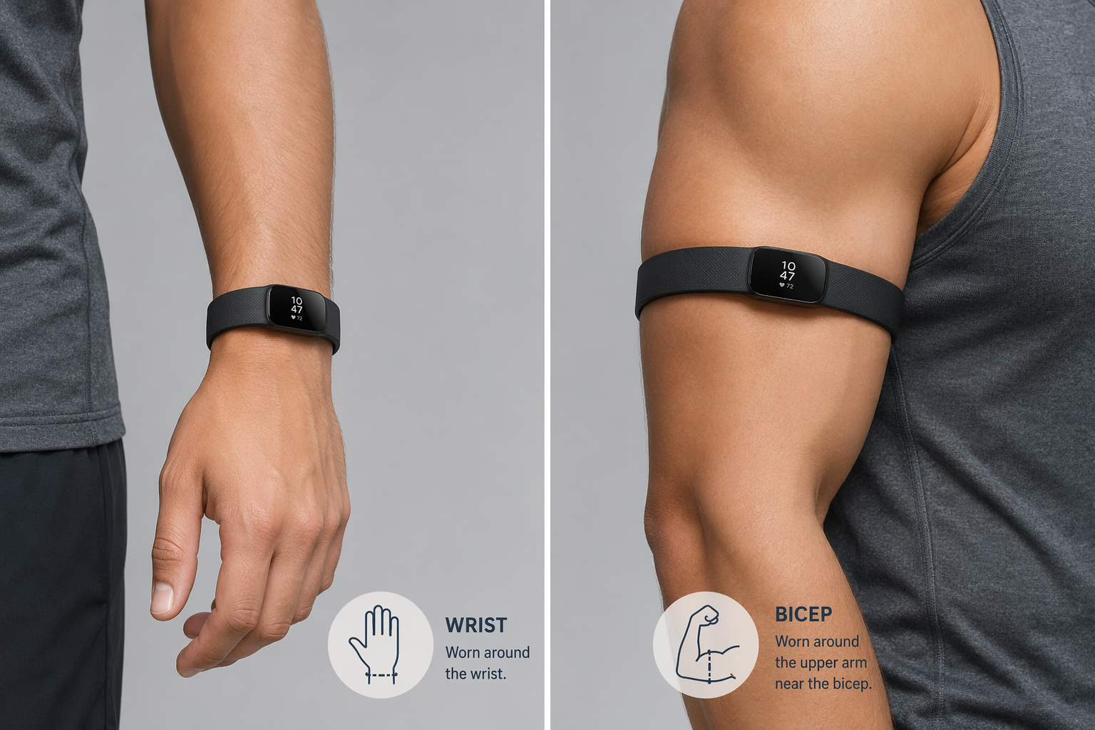 Split comparison editorial illustration of two arm segments: a fitness tracker worn around the wrist on the left side, and the same tracker worn around the upper arm at the bicep on the right side, against a muted gray background with soft lighting.