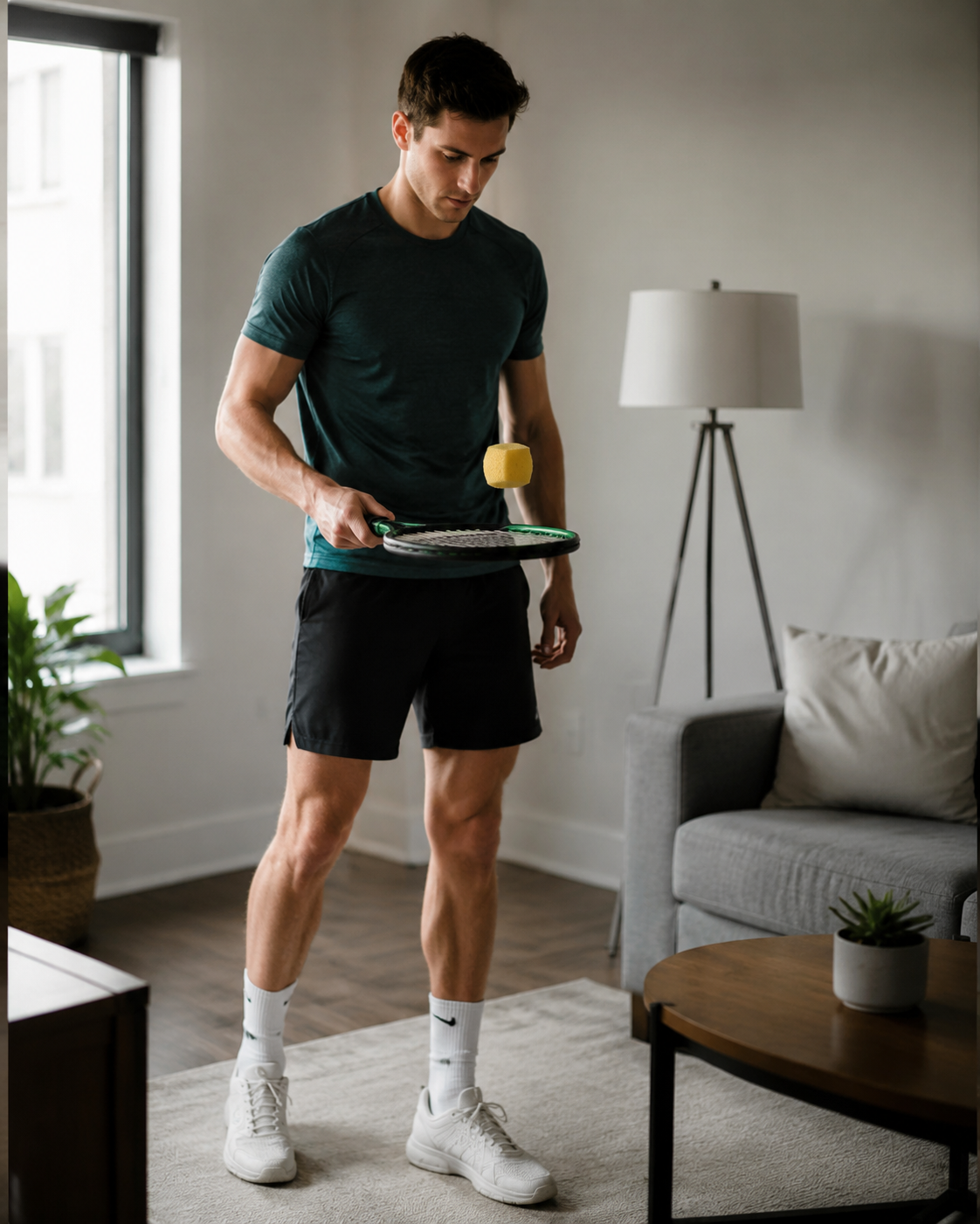 Person in an apartment bouncing a soft foam ball on a tennis racquet in daylight