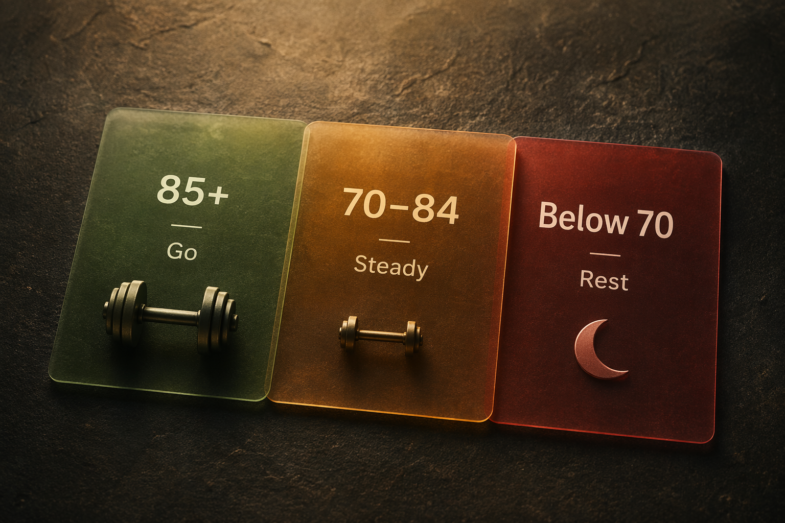 Three translucent cards on a dark surface: a green card labeled '85+ — Go' with a dumbbell icon, an amber card labeled '70–84 — Steady' with a smaller dumbbell, and a red card labeled 'Below 70 — Rest' with a crescent moon icon. Warm soft lighting.