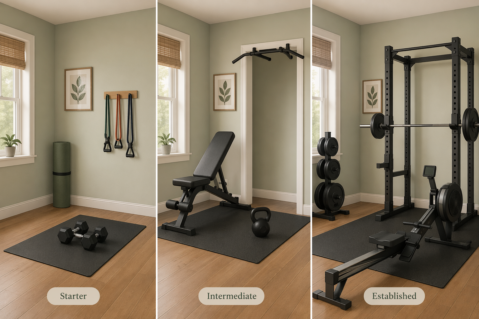 Three-panel illustration of the same room corner showing progression from a minimal starter setup (mat, bands, one dumbbell) to intermediate (add bench, pull-up bar, kettlebell) to established (rack, barbell, rower).