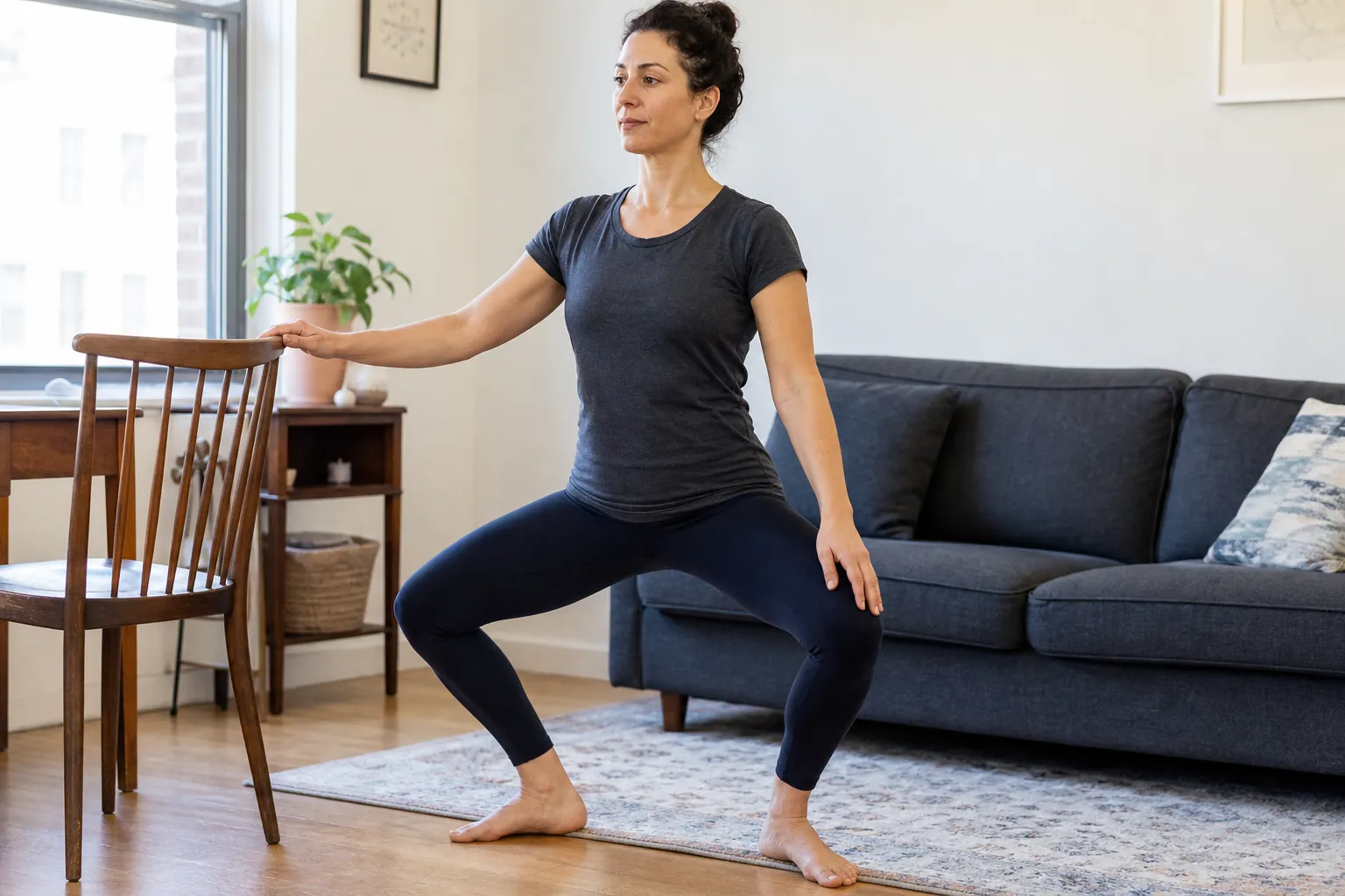 A beginner practicing a plié at home with one hand lightly resting on a dining chair