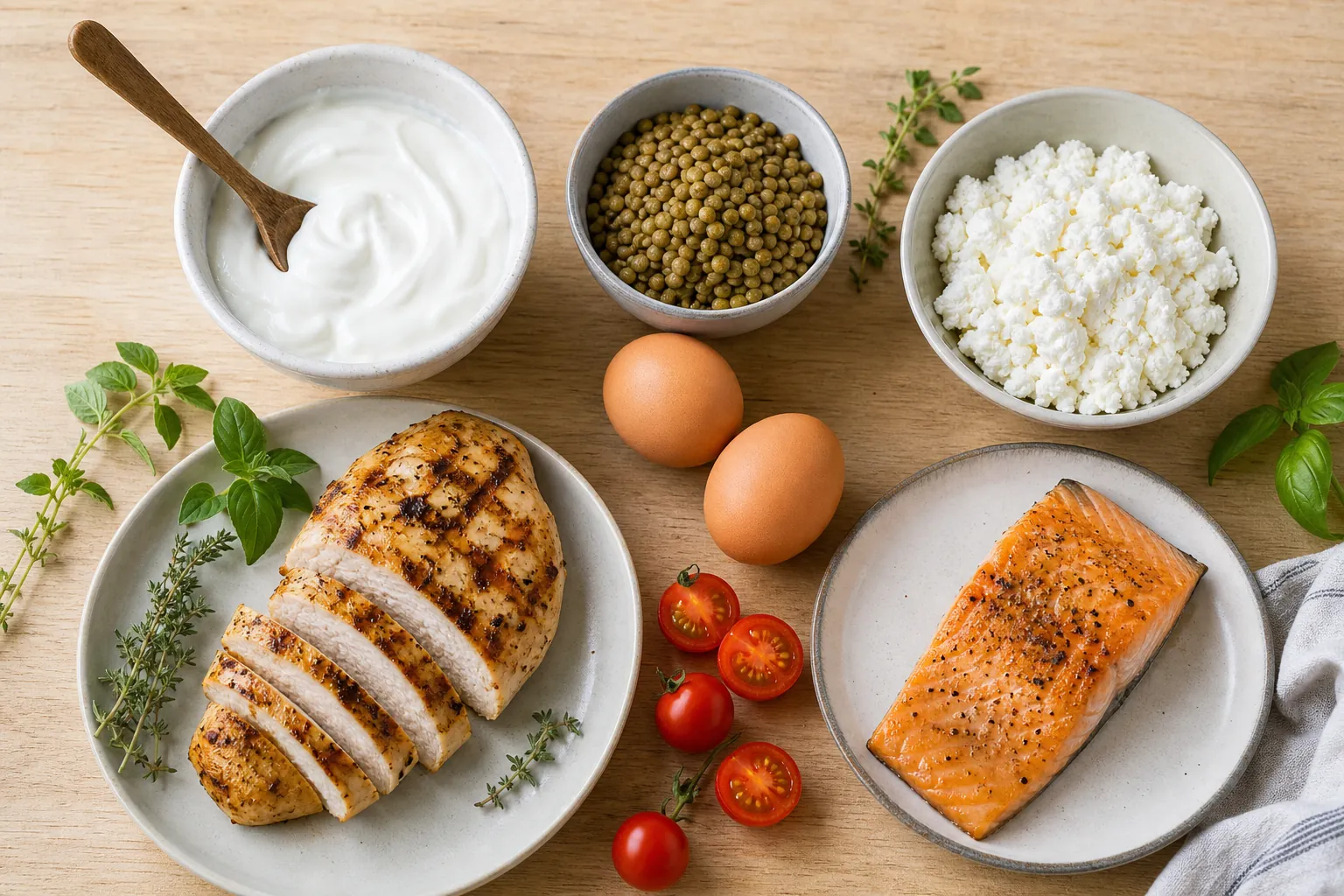 Greek yogurt, lentils, eggs, grilled chicken, salmon, and cottage cheese on a kitchen surface