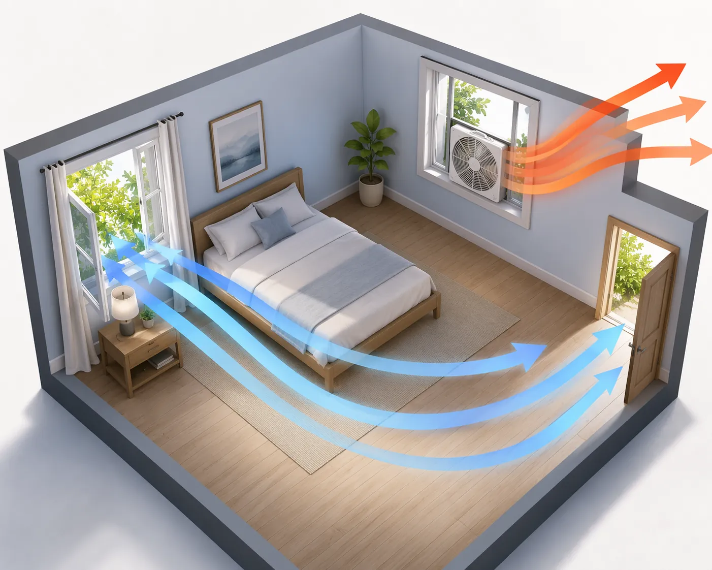 Diagram of a bedroom using a box fan in a window as exhaust while cooler air enters from another opening