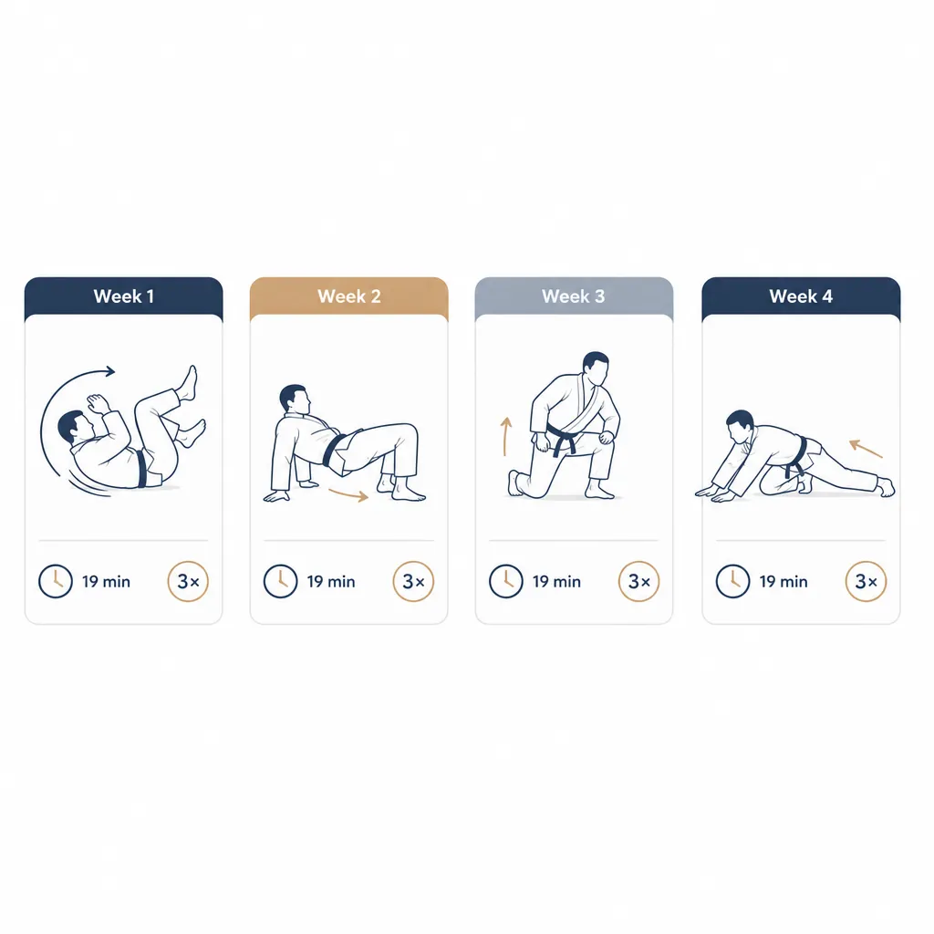 Four-week BJJ home training overview with Week 1 through Week 4 drill panels