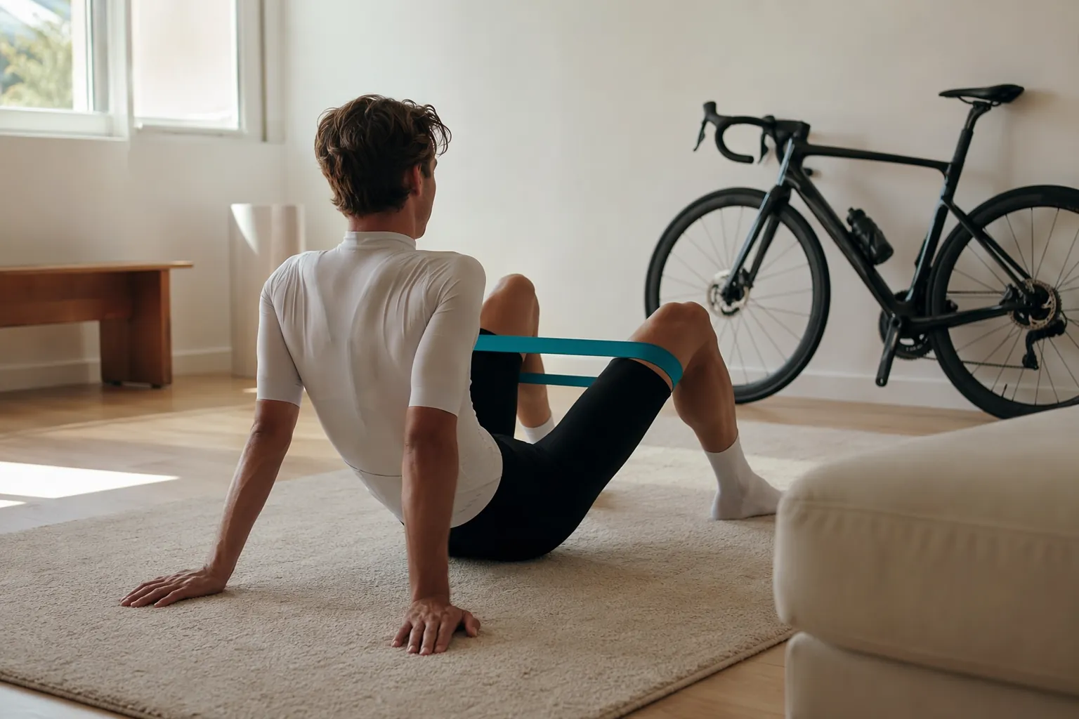Cyclist seated on an apartment floor with a resistance band near a road bike