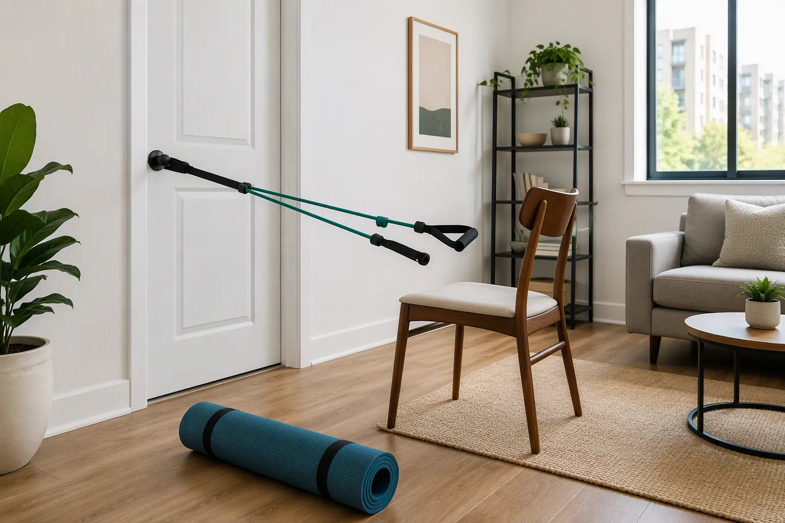 Apartment-friendly resistance band setup with a door anchor, mat, and sturdy chair