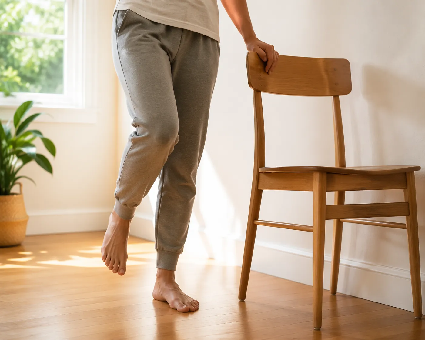 Person using a wooden chair for balance during a simple body-weight knee rehab movement at home