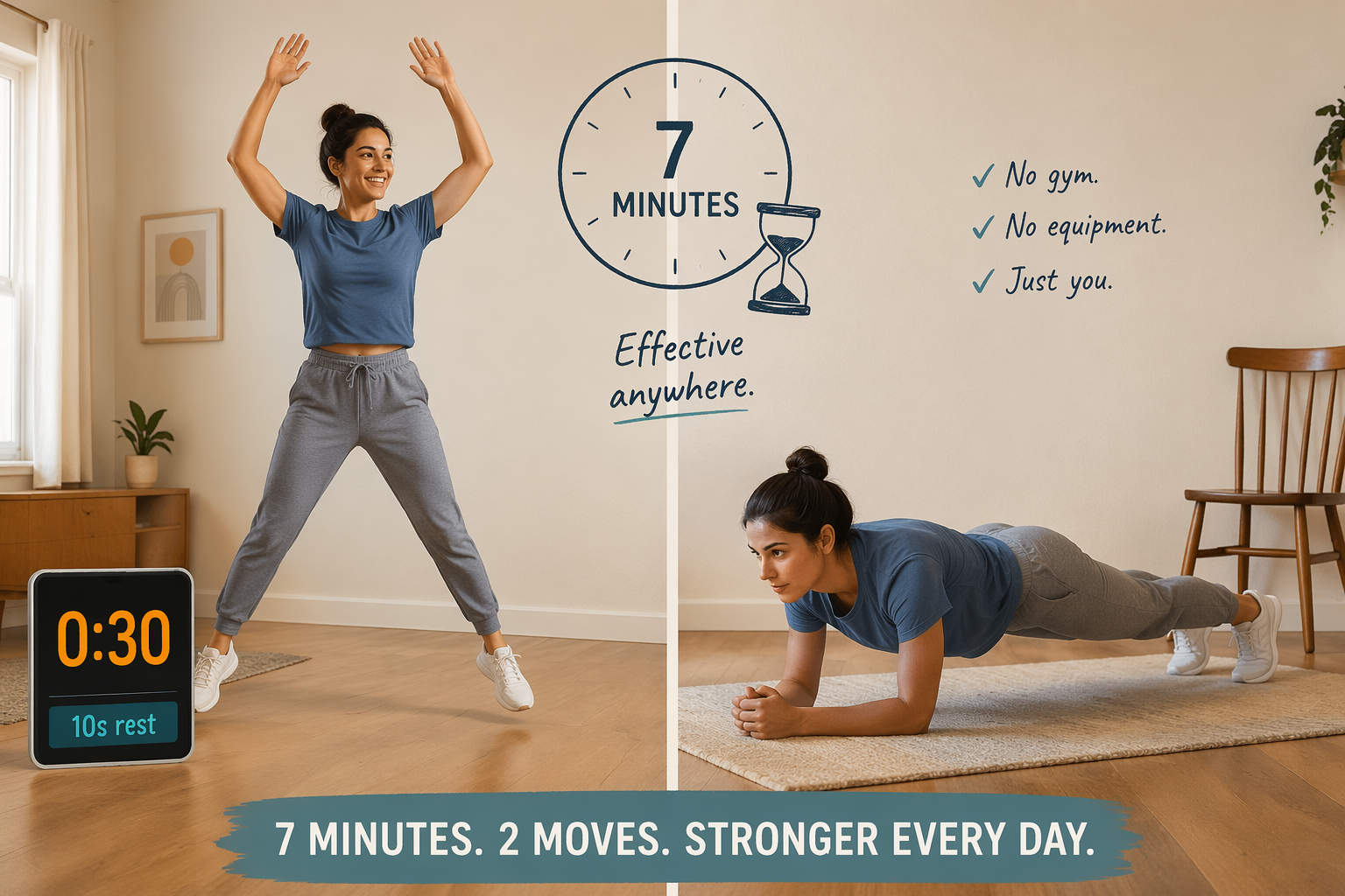 A split-frame illustration showing a person in home clothes doing jumping jacks next to a timer reading 0:30 with a 10s rest label, and the same person holding a plank with a wall behind them and a chair nearby, with a subtle hourglass icon in the background.