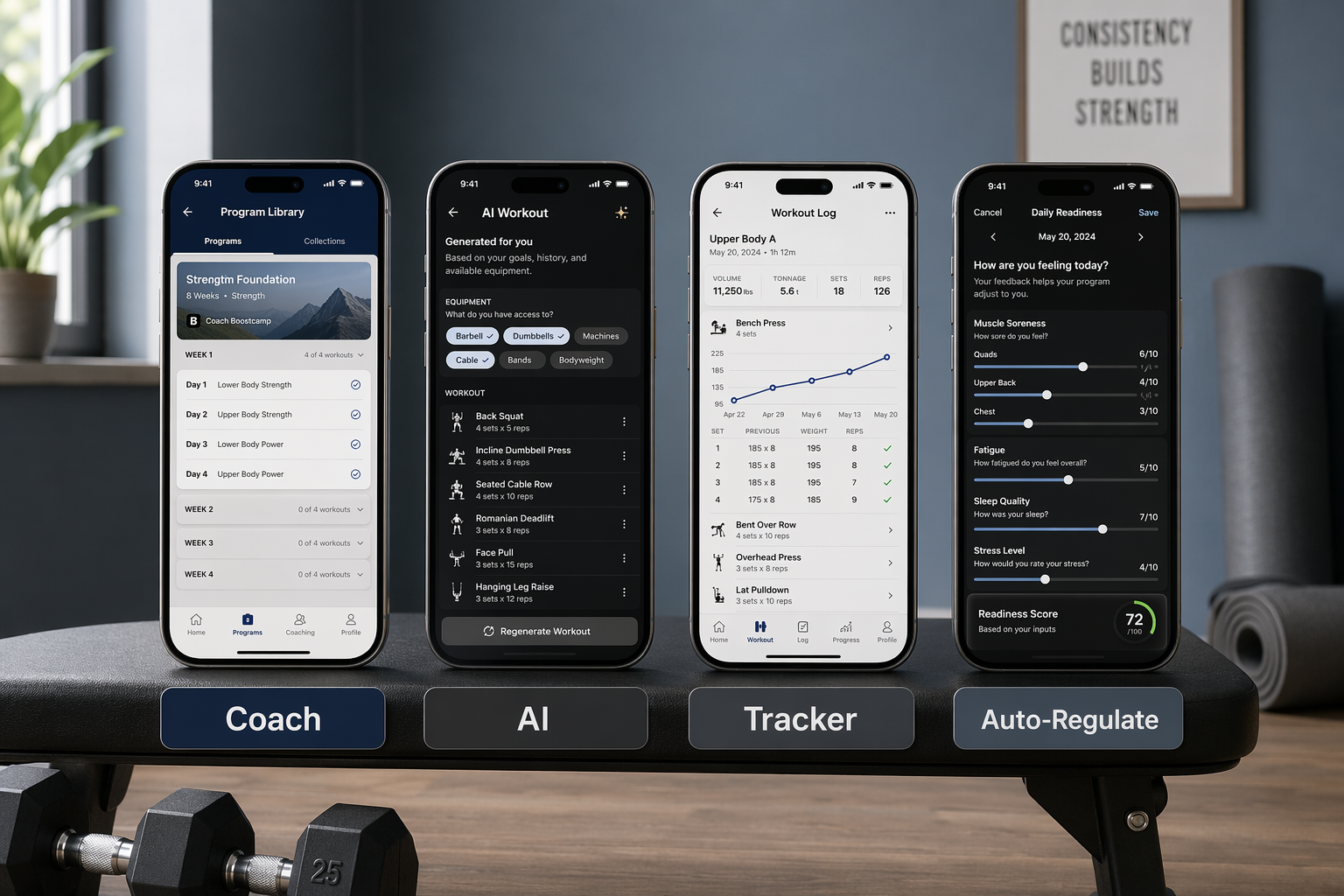 Four smartphones arranged side by side on a clean home gym background, each showing a different fitness app interface: a program library, an AI workout generator, a progress tracker with charts, and a daily readiness check-in with soreness sliders. Subtle labels read Coach, AI, Tracker, and Auto-Regulate beneath each phone.