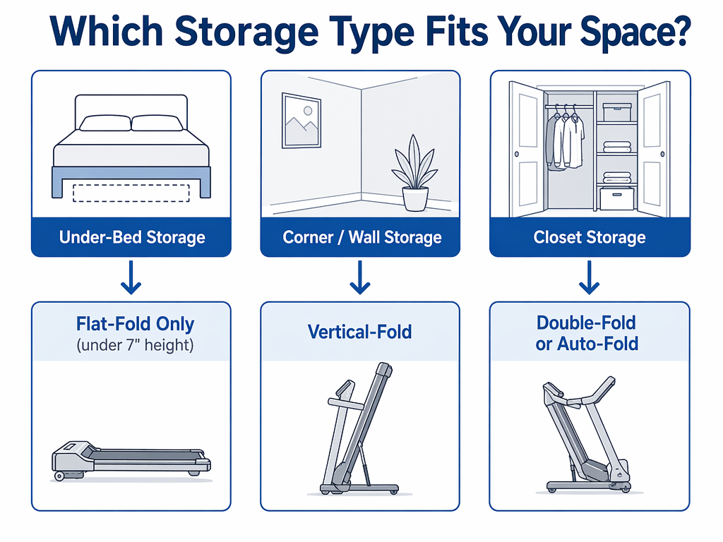 Decision flowchart showing three scenarios: under-bed storage leads to flat-fold, corner/wall storage leads to vertical-fold, closet storage leads to double-fold or auto-fold.
