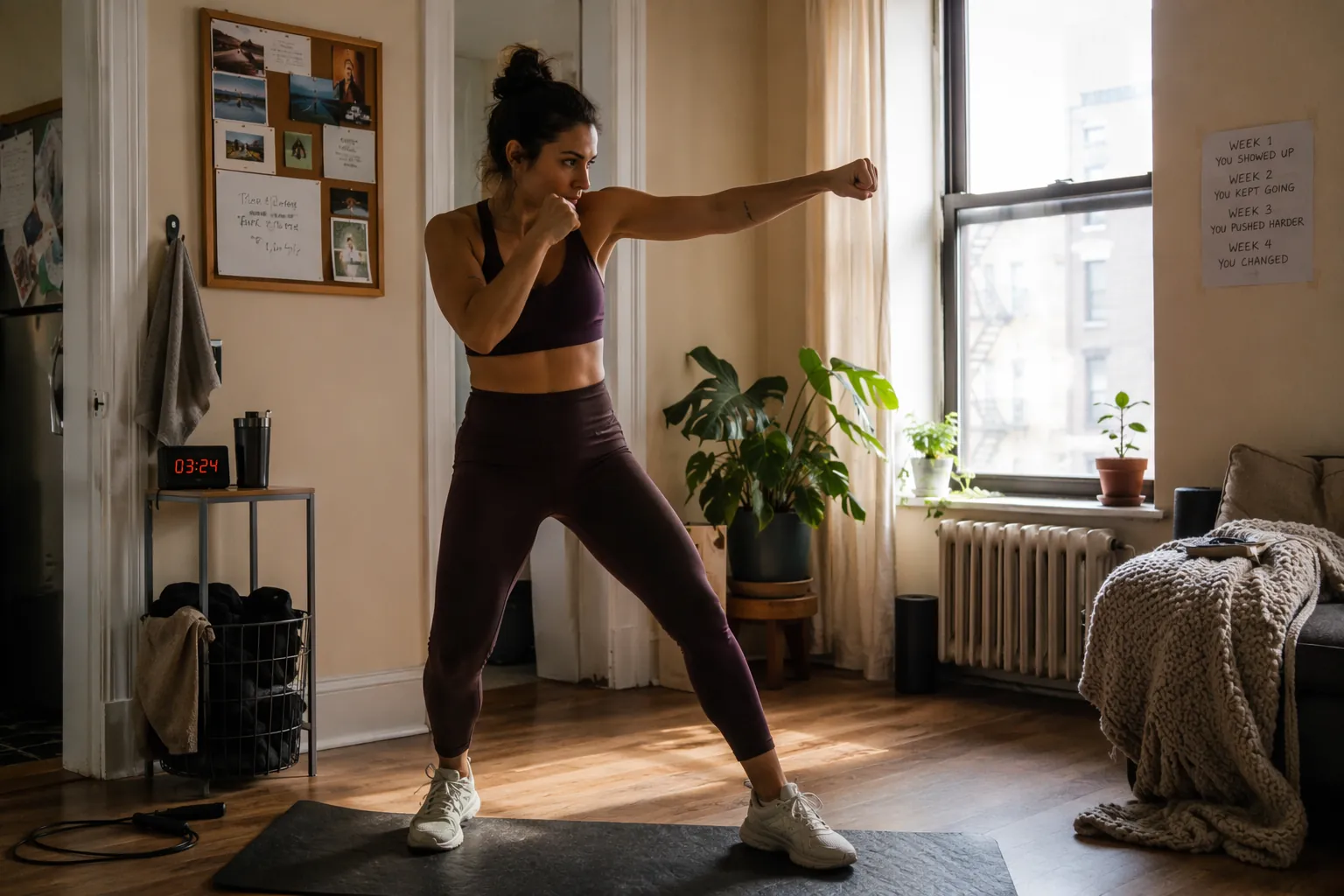 A person shadowboxing in a small apartment living room with a yoga mat, jump rope, and timer on the floor